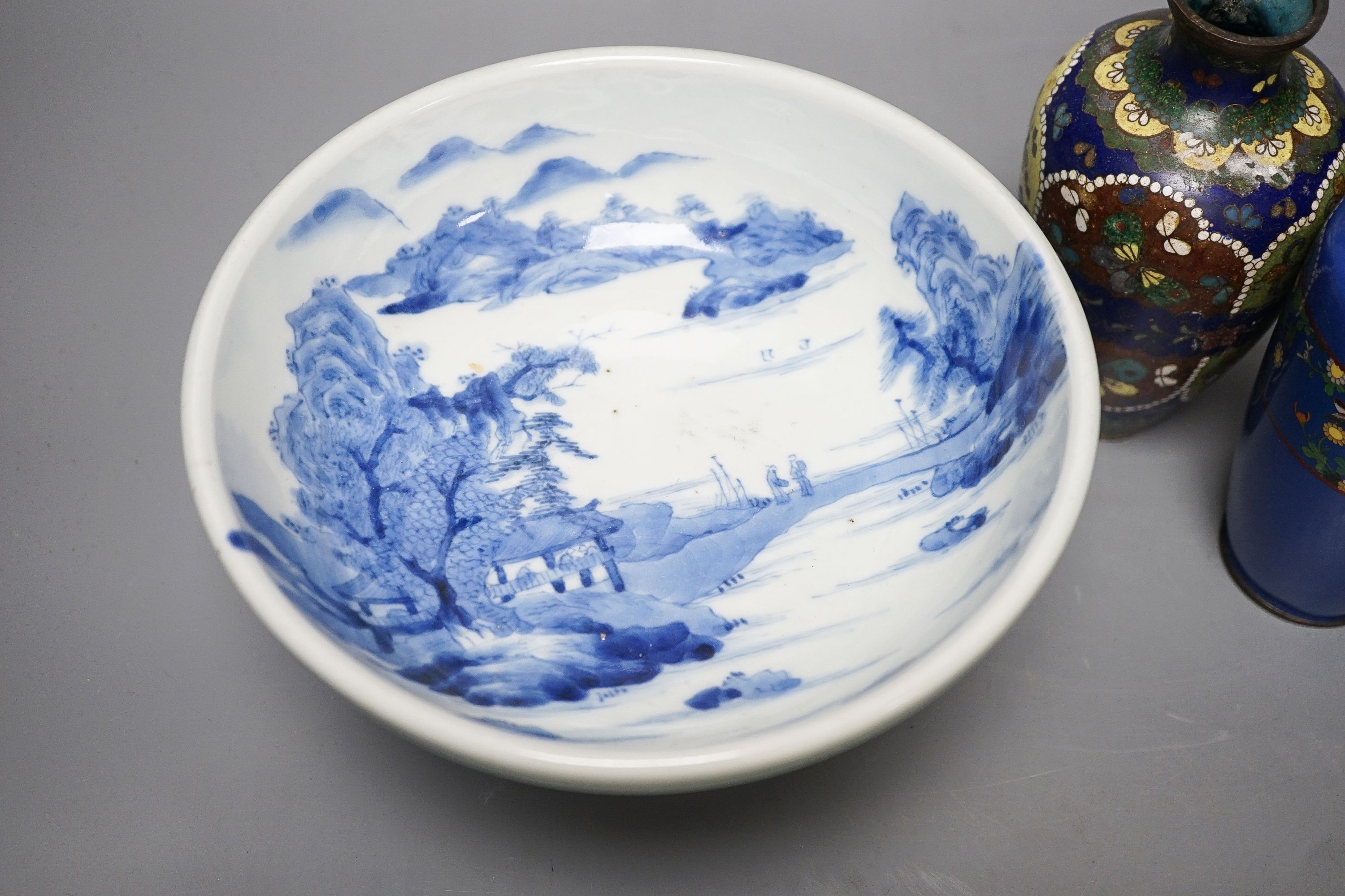 A group of Japanese ceramics and cloisonne enamel wares 19cm